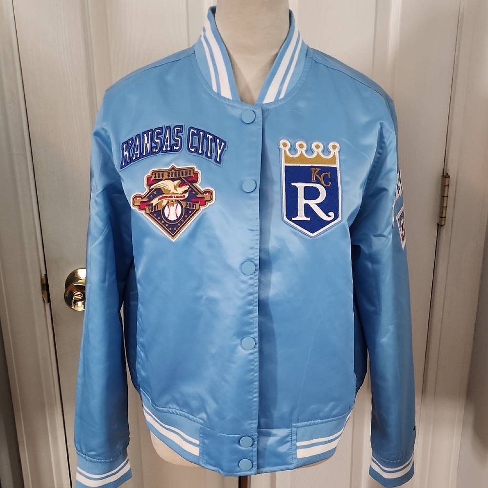NWOT KC Royals Light Blue Retro Satin Bomber Jacket with Patches